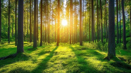 Obraz premium Early morning sun shining warmly through the forest trees