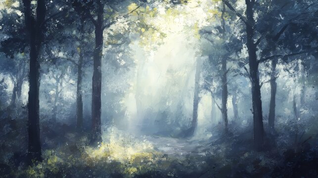 Early morning sunlight shining through misty forest trees