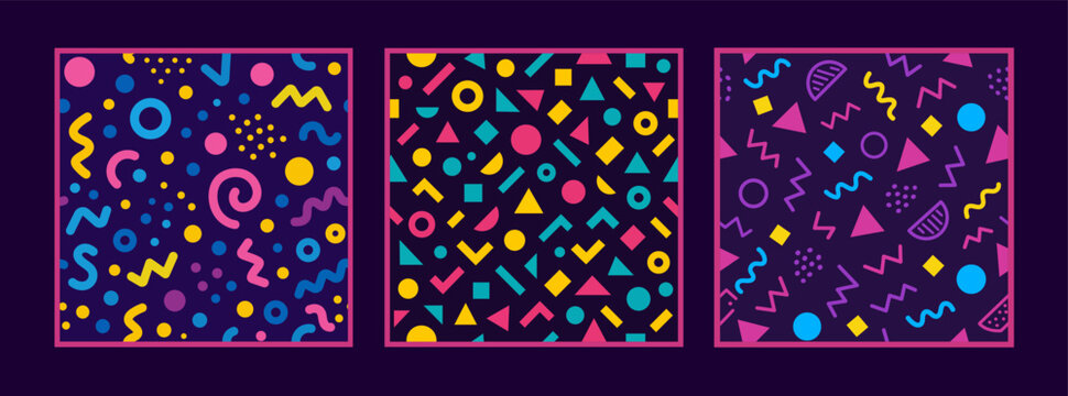 Collection of retro 80s, 90s colorful vector seamless patterns. Doodle fun kid backgrounds. Childish cool geometric design useful for fabric, textile, cover, banner, label, print, wrapping, wallpaper