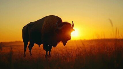 Wild buffalo bull silhouetted against golden sunset - Powered by Adobe