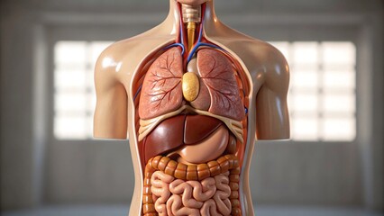 Detailed anatomical illustration of the human torso, showcasing major internal organs such as the heart, lungs, liver, stomach, and intestines