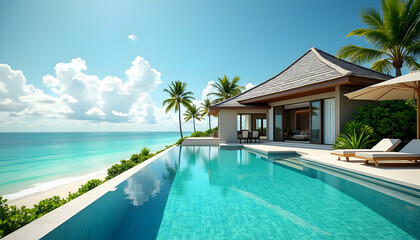 Fototapeta premium Tropical Villa with Pool Overlooking Ocean on Sunny Day