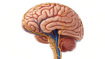 High-resolution medical illustration of the human brain, highlighting its complex surface anatomy and vascular supply. 