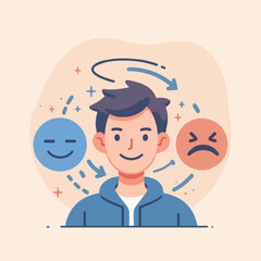 Minimalist flat vector of a young man experiencing emotional mood swings, surrounded by happy and sad emoticons with directional arrows. Vector Illustration of Bipolar Mood Swing Concept