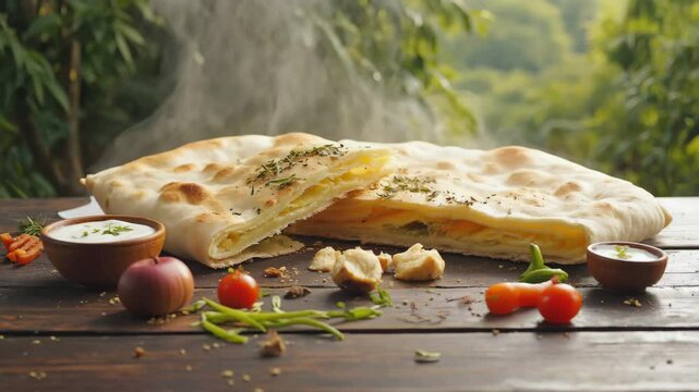 Lebanese manakish, flatbread topped with za'atar and olive oil, fresh from the oven, served with fresh vegetables and yogurt, soft light enhancing the textures

