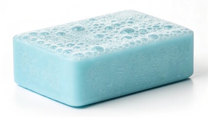 This crisp, vibrant shot features a pale blue bar of soap, gently covered with small white bubbles, set against a seamless white backdrop