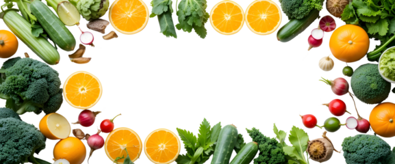  Colorful Produce Border with Text Space – Neatly Arranged Fruits and Vegetables PNG.