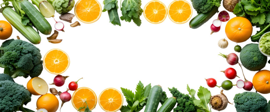  Colorful Produce Border with Text Space – Neatly Arranged Fruits and Vegetables PNG.
