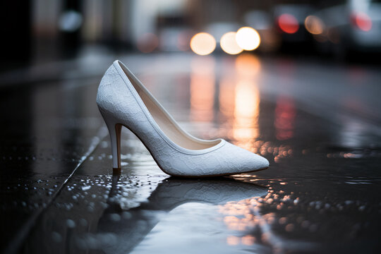 White lace wedding heel on rainy street. Symbol of a ruined wedding or runaway bride