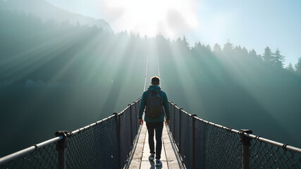 Male traveler walking on suspension bridge against foggy forest landscape, travel background