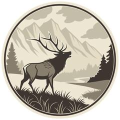 Majestic bull elk bugling in a serene mountain landscape with pine trees and a river
