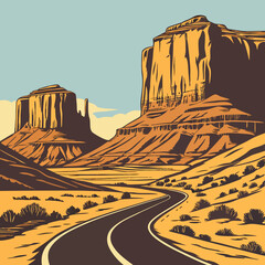 Winding desert highway leads through monument valley sandstone formations