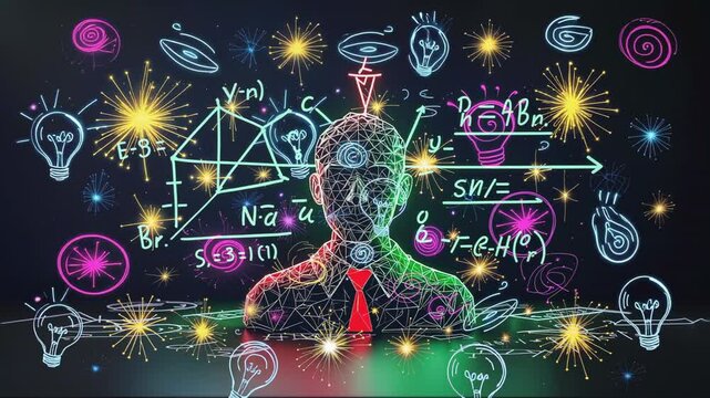 Fading in silhouette wearing red tie at blackboard, neon diagrams and spark particles pulsing
