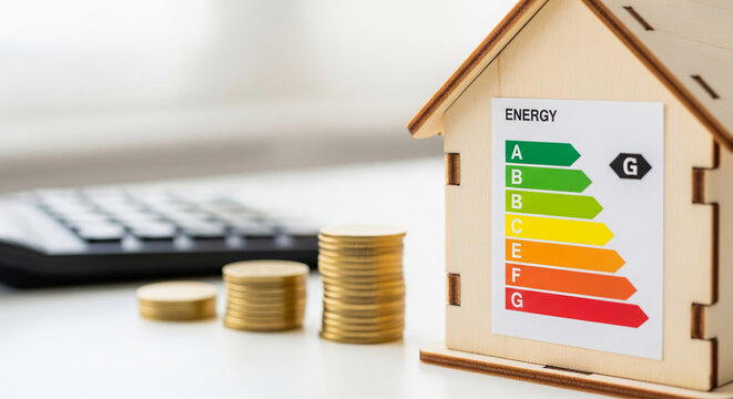 Wooden house model with energy efficiency rating chart, coins and calculator nearby, illustrating home energy costs and savings potential
