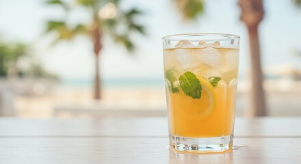 Refreshing Iced Lemonade with Mint on Beachside Table, Summer Drink