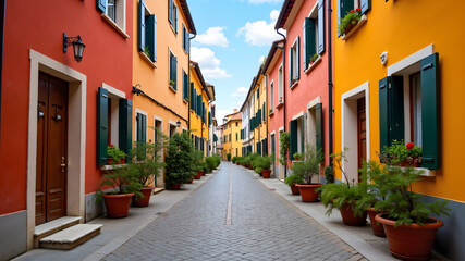 Fototapeta premium Typical view of empty narrow European street with colorful walls and flowers in pots. Architecture and landmark. Cozy city landscape, tourist route 