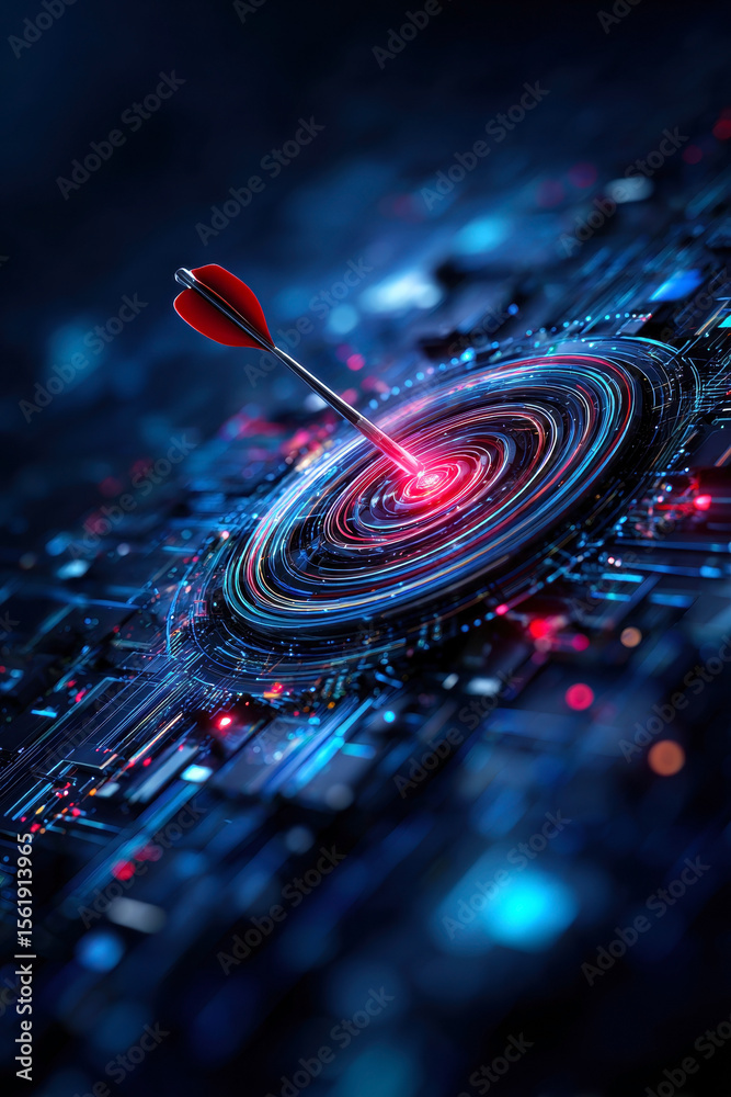 Poster a stunning visualization of a dart hitting a glowing target amidst a backdrop of intricate digital c