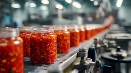chunky red tomato salsa jars on factory conveyor, fresh dip manufacturing and food packaging 

