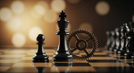 Black chess king, pawn, and bronze gear on chessboard, bokeh background, symbolizing strategy, leadership, and teamwork in business