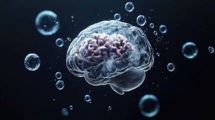 Naklejka premium A translucent illustration of a human brain surrounded by bubbles.