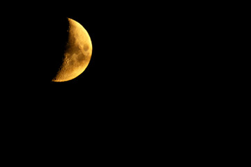 Close-up photo of a golden waxing half moon against a dark night sky, showing craters and lunar surface detail. Ideal for astronomy, science, or nature themes.