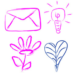 Brushstroke Style Various Element Icon with Envelope Lightbulb Flower and Heart