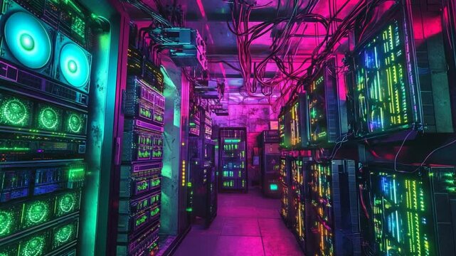 Futuristic Neon Data Center with High-Tech Servers