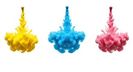 Yellow blue and pink ink drops in water isolated PNG with Transparent Background