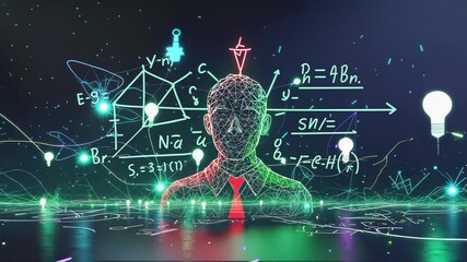 Opening wireframe bust with red tie pulsing neon nodes on grid, light bulb icons visualizing data - Powered by Adobe