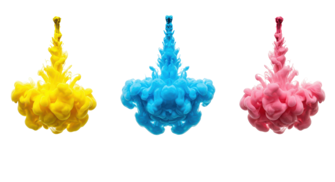 Yellow blue and pink ink drops in water isolated PNG with Transparent Background - Powered by Adobe