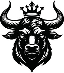 Fototapeta premium silhouette of head of a bull with a crown on black background