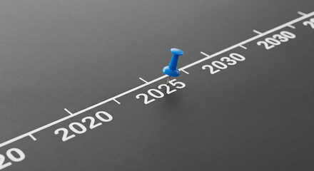 Blue pin on dark gray surface marks 2025 on timeline from 2020 to 2030, symbolizing planning, goal setting, future vision, and time management