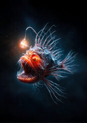 Explore the depths of the ocean with this mesmerizing image of an anglerfish, showcasing bioluminescence and fierce features that highlight the mystery of deep-sea life.