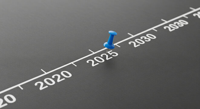 Blue pin on dark gray surface marks 2025 on timeline from 2020 to 2030, symbolizing planning, goal setting, future vision, and time management