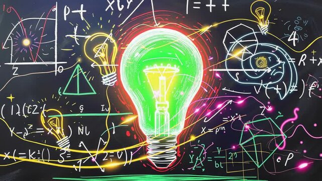 Neon chalk drawings sparking central bulb glowing green pulsing on board with formulas and shapes