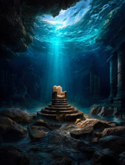 An ethereal underwater scene featuring an ornate throne illuminated by shafts of sunlight filtering through the water, surrounded by ancient ruins and mysterious underwater life.