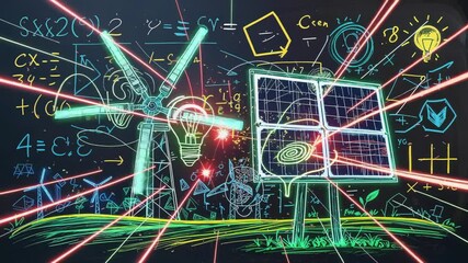 Red beams streaking across chalkboard powering wind turbine and solar panel lighting lightbulb - Powered by Adobe