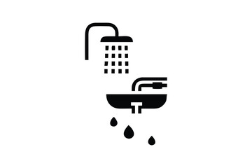 Leaky Bathroom Sink and Showerhead Icon: Minimalist Black and White Plumbing Repair Illustration