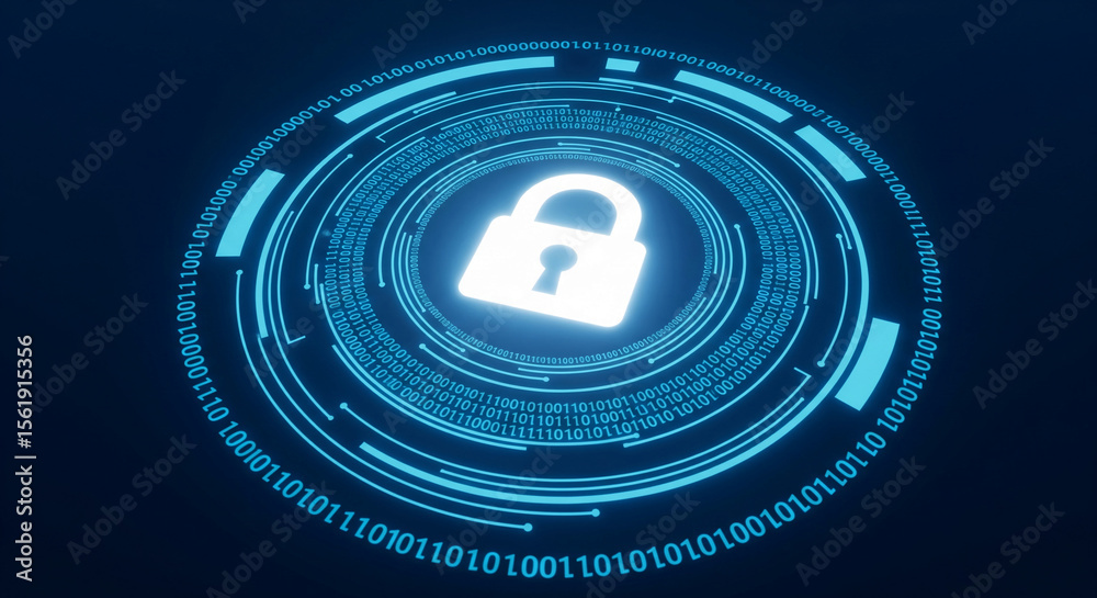 Poster cybersecurity concept image, featuring a glowing padlock encircled by binary code, symbolizing digit