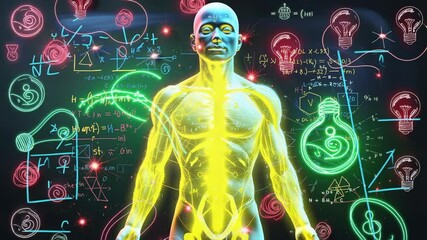 Camera zooming neon figure pulsing spinal network against backdrop, with formulas and bulb icons - Powered by Adobe