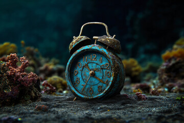 An antique alarm clock, submerged underwater, covered in corrosion and surrounded by vibrant coral.