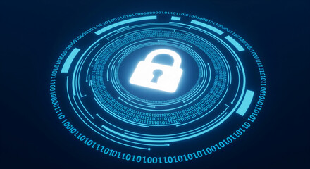 Cybersecurity concept image, featuring a glowing padlock encircled by binary code, symbolizing digital protection and data security