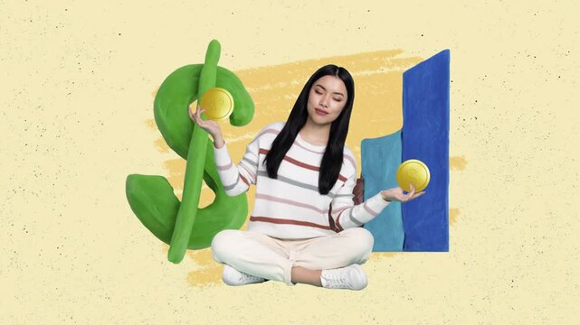 Creative art motion collage video of happy businesswoman do yoga dollar income