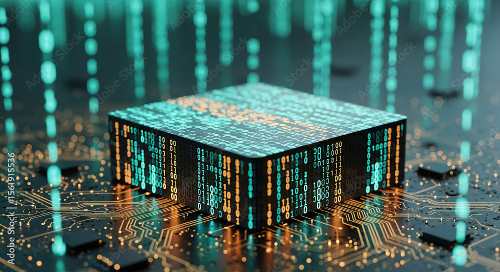 Poster Binary code displayed on a cube resting on a circuit board, showcasing digital data and technological advancement