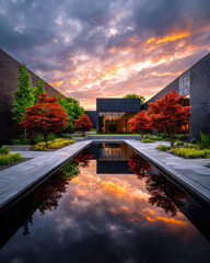 This serene garden features vibrant maple trees, mirrored reflections in water, and dramatic sky colors, creating a peaceful retreat in a contemporary architectural setting.