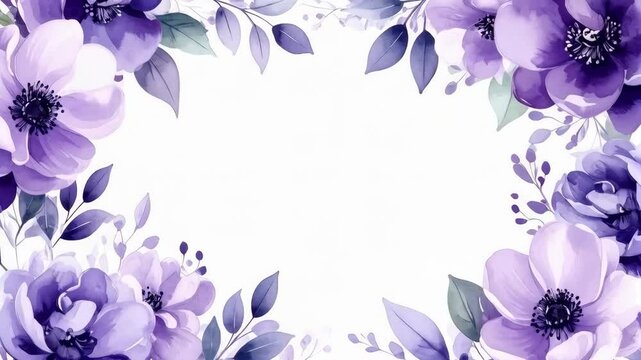 Watercolor illustration of purple floral border with elegant flowers, petals, and leaves framing a central blank copy space area.