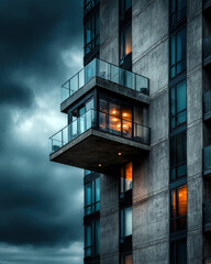 Discover the striking contrast of modern architecture against a moody sky, featuring a beautifully illuminated balcony that invites comfort and style amidst an urban backdrop.