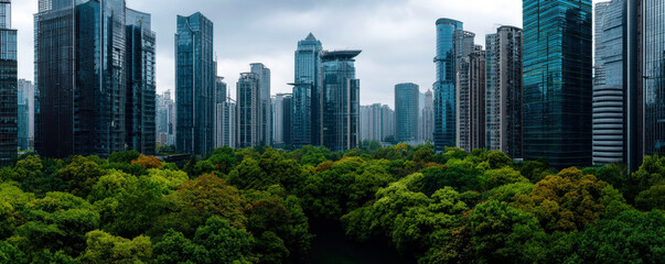 A breathtaking panorama showcasing a blend of lush greenery amidst towering skyscrapers, illustrating the harmony between urban landscapes and nature, creating a stunning visual experience.