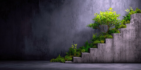 A stunning juxtaposition of concrete stairs adorned with vibrant greenery against a dark, textured backdrop, showcasing the harmony between urban design and natural elements.