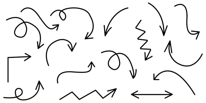 Hand Drawn Arrow Doodle Set. Curved, Zigzag, and Loop Arrows for Infographics and Presentations. Vector illustration.